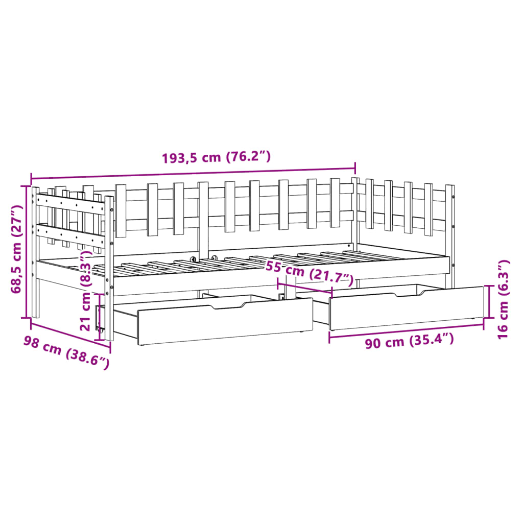 vidaXL fehér tömör fenyőfa kanapéágy fiókkal 90 x 190 cm