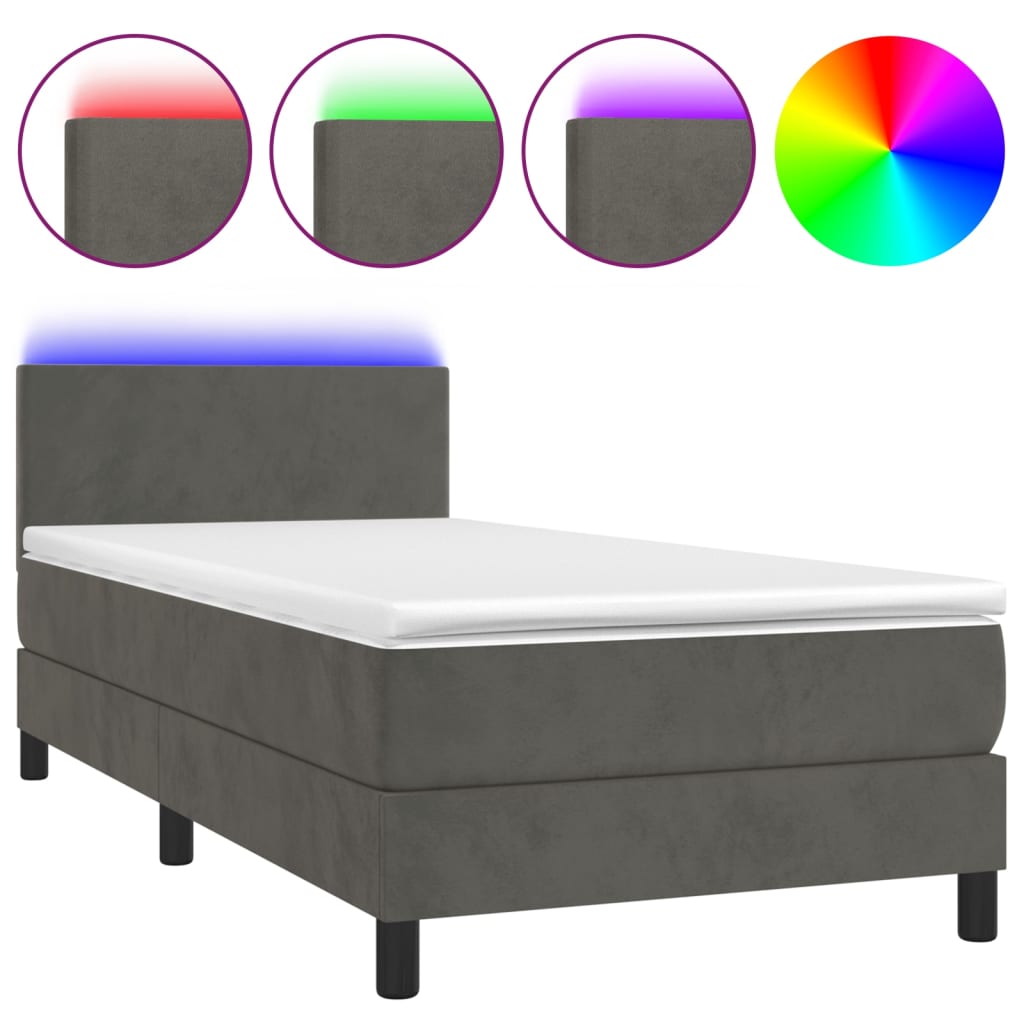 vidaXL sötétszürke bársony rugós és LED-es ágy matraccal 90x190 cm