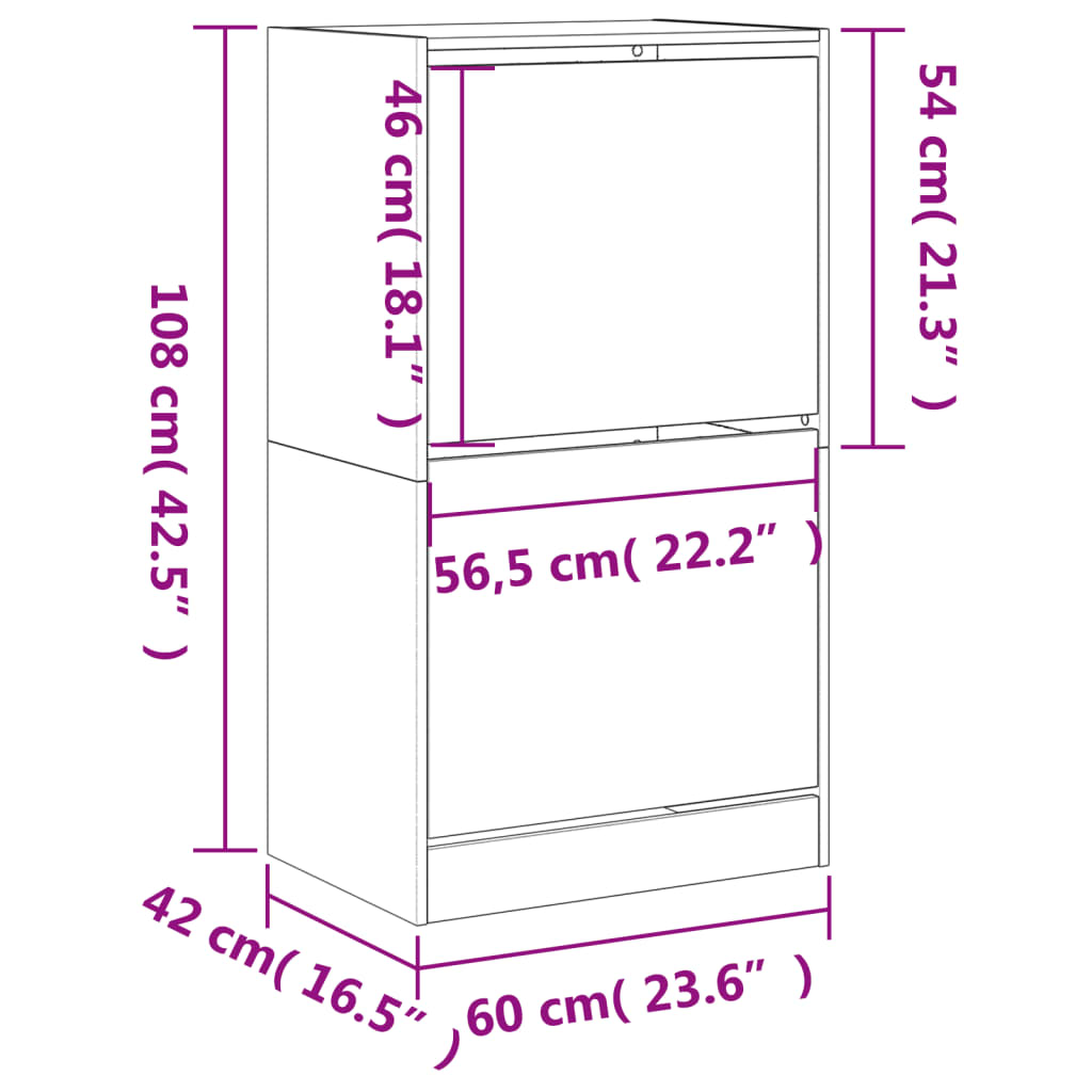 vidaXL füstös tölgy cipőszekrény 2 kihajtható fiókkal 60x42x108 cm