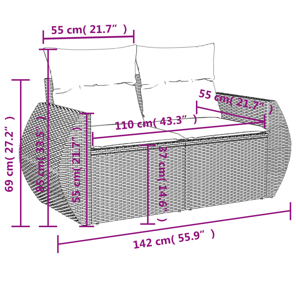 vidaXL 5 részes fekete polyrattan kerti kanapészett párnákkal