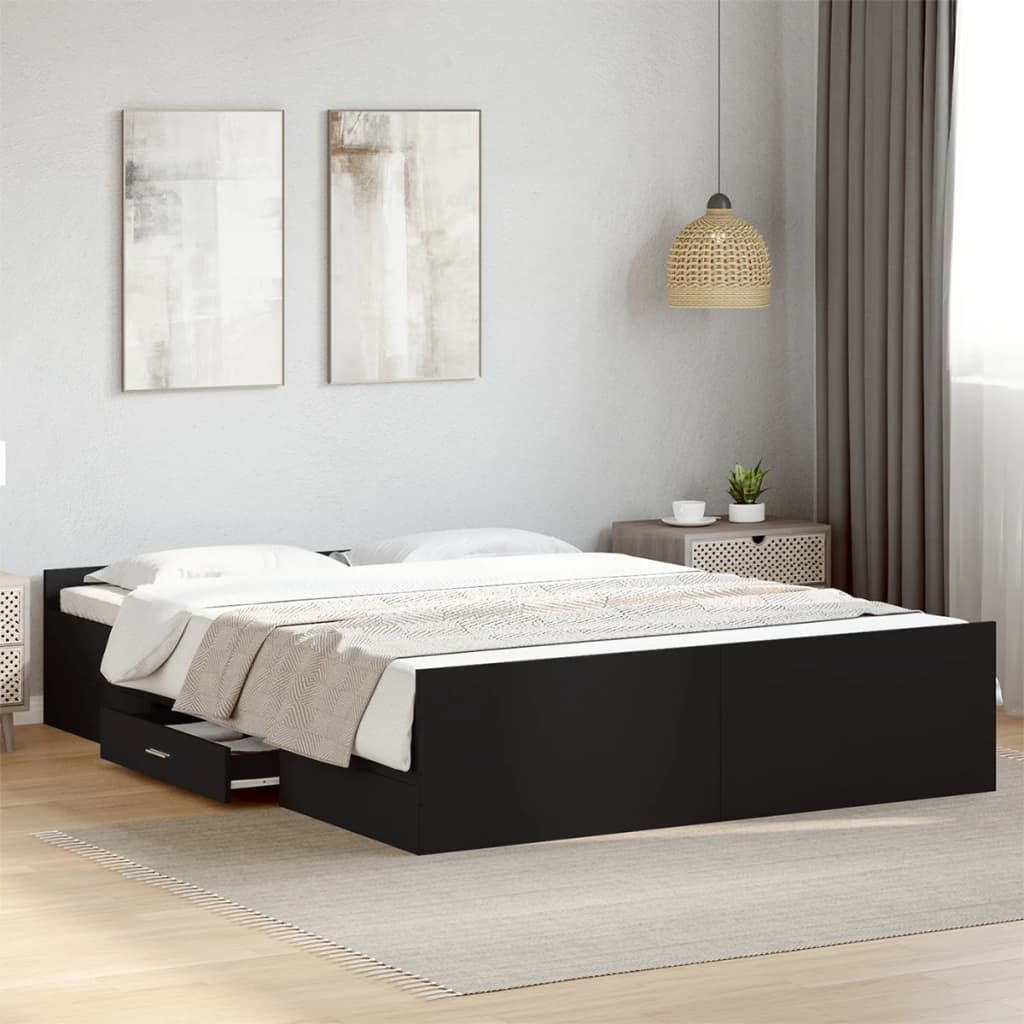 vidaXL fekete szerelt fa ágykeret fiókokkal 160 x 200 cm