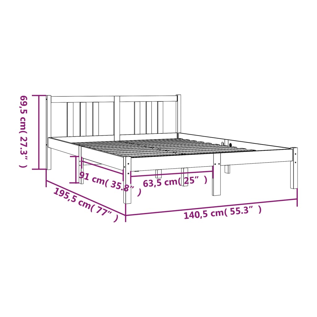 vidaXL Double fekete tömör fa ágykeret 135 x 190 cm