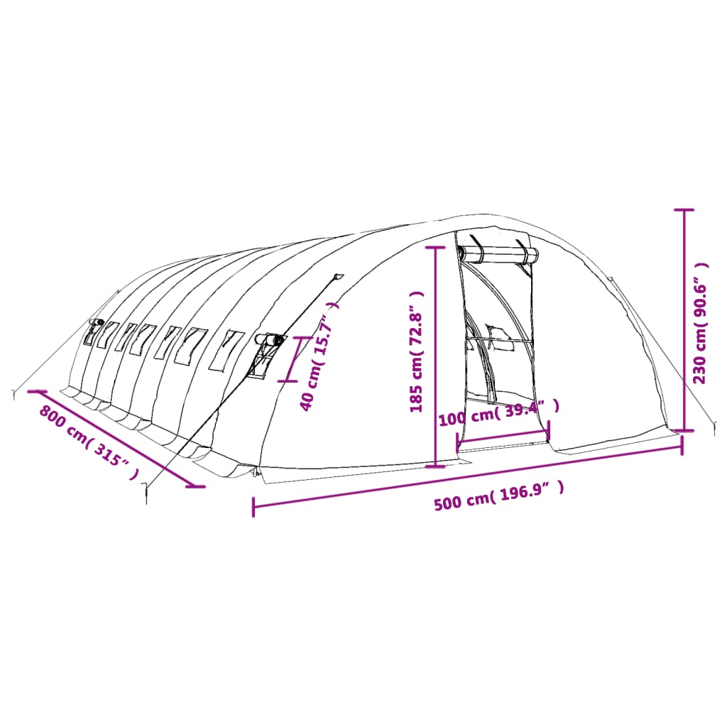 vidaXL zöld acélvázas melegház 40 m² 8 x 5 x 2,3 m