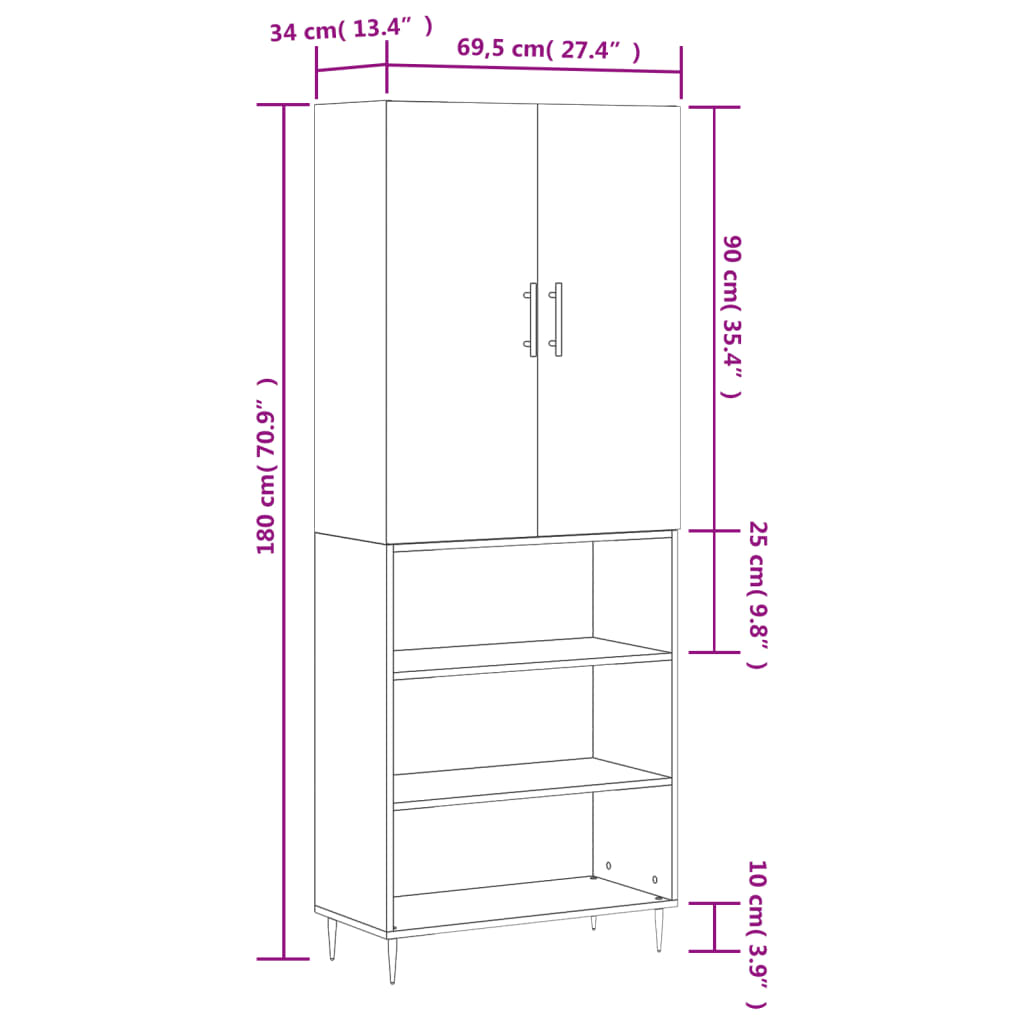 vidaXL szürke sonoma szerelt fa magasszekrény 69,5 x 34 x 180 cm