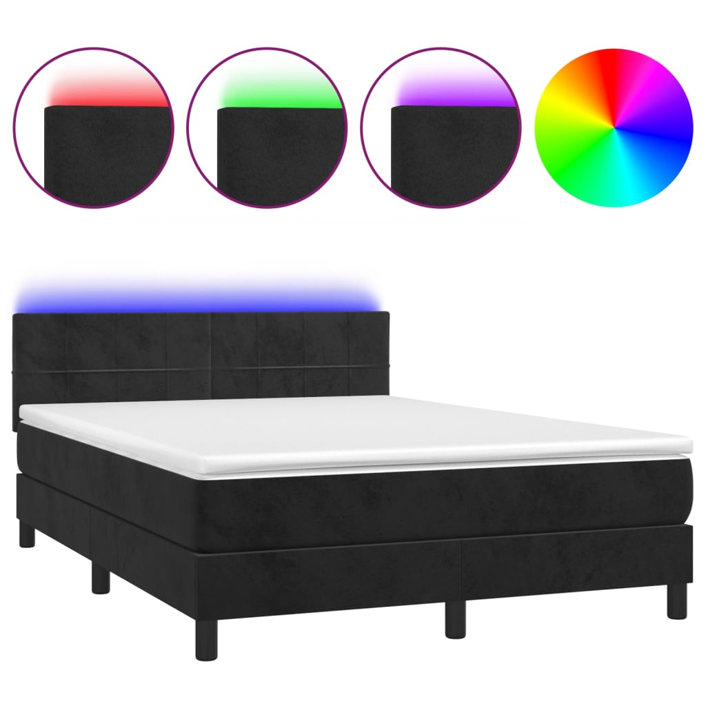 vidaXL fekete bársony rugós és LED-es ágy matraccal 140x190 cm