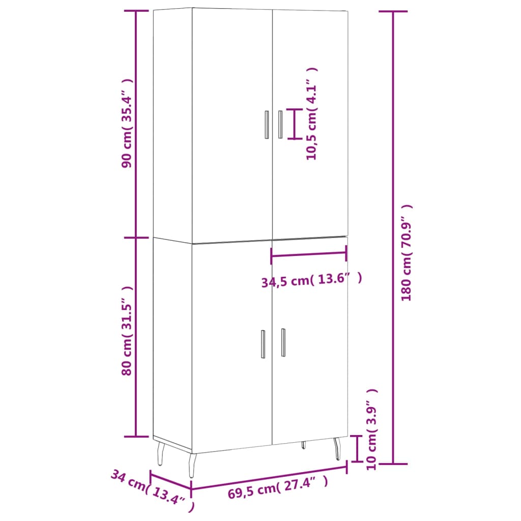 vidaXL füstös tölgy színű szerelt fa magasszekrény 69,5 x 34 x 180 cm