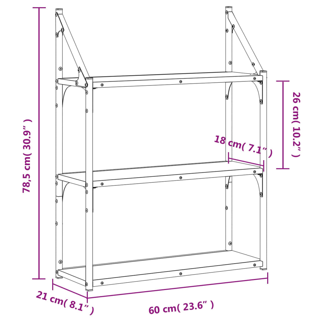 vidaXL 3 szintes sonoma-tölgy színű szerelt fa fali polc 60x21x78,5 cm