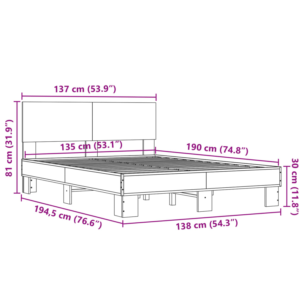 vidaXL sonoma tölgyszínű szerelt fa és fém ágykeret 135 x 190 cm