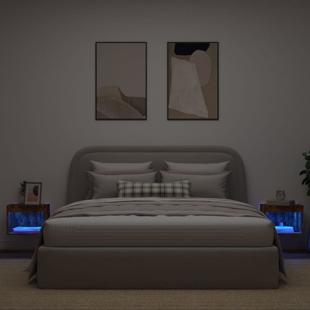 vidaXL 2 db füstös tölgy színű fali éjjeliszekrény LED-világítással
