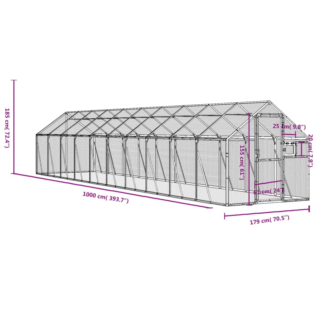 vidaXL ezüstszínű alumínium madárház 1,79 x 10 x 1,85 m