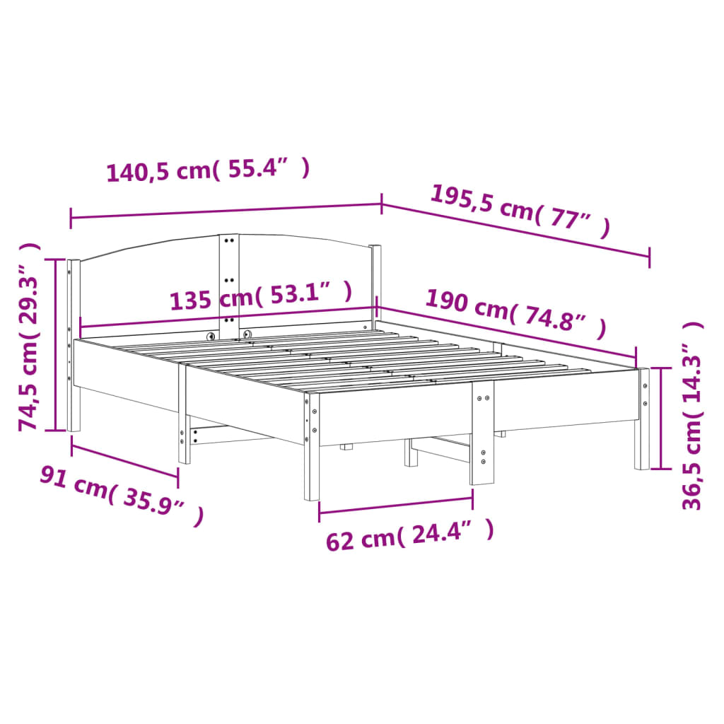 vidaXL fehér tömör fenyőfa ágy matrac nélkül 135 x 190 cm