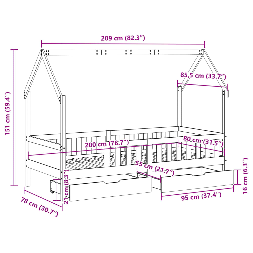 vidaXL tömör fenyőfa gyerekágykeret 80 x 200 cm