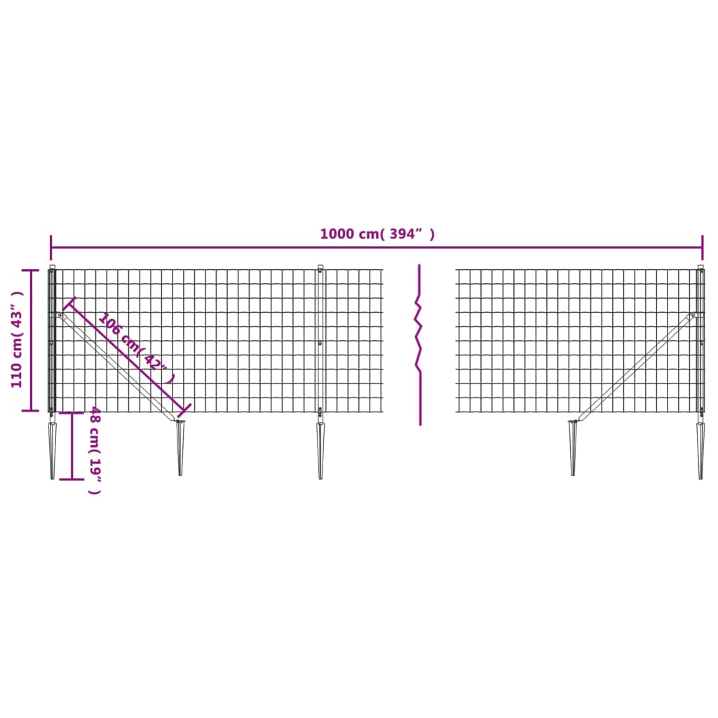 vidaXL antracitszürke dróthálós kerítés cövekekkel 1,1x10 m