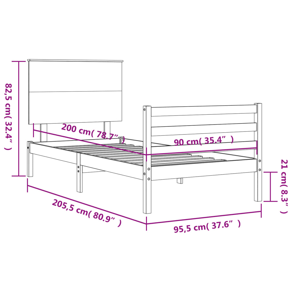 vidaXL fekete tömör fa ágykeret fejtámlával 90 x 200 cm