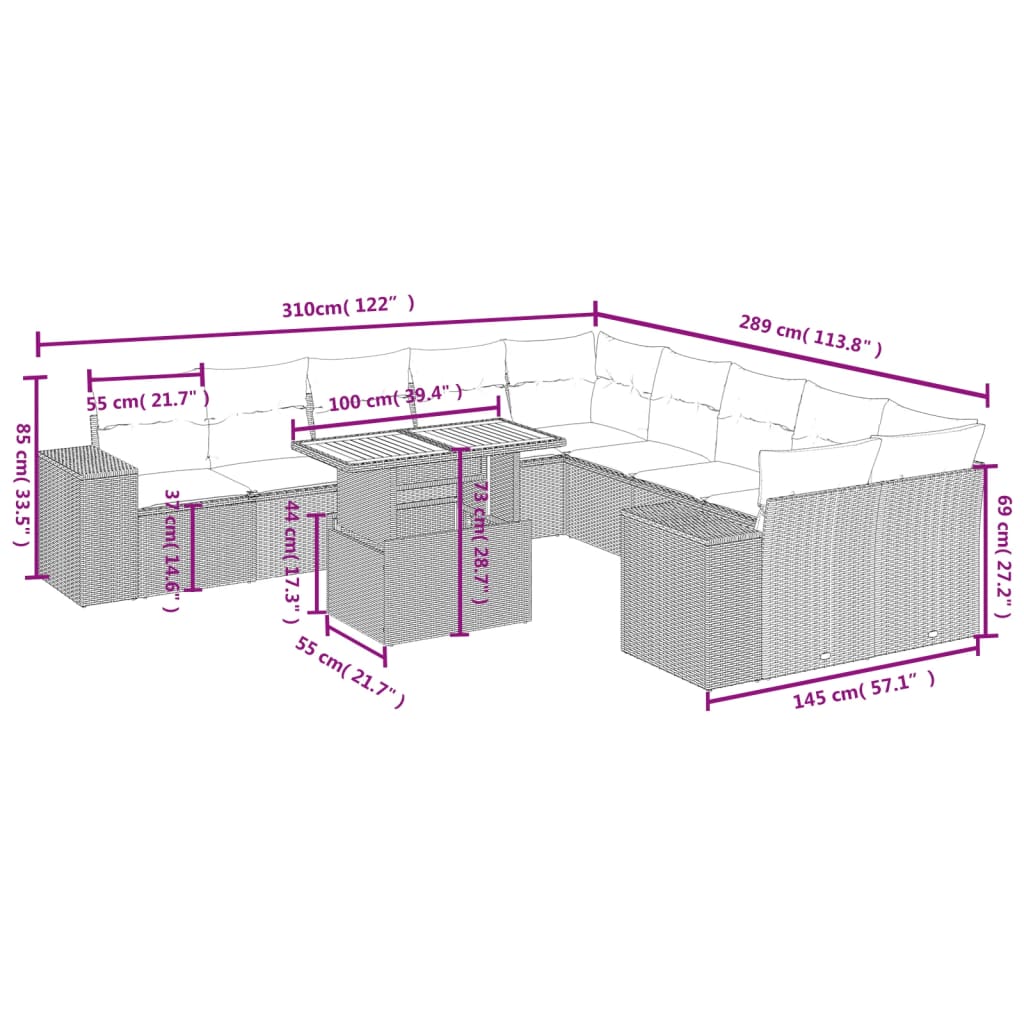 vidaXL 11 részes szürke polyrattan kerti ülőgarnitúra párnákkal