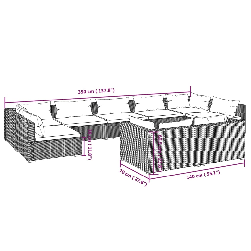 vidaXL 9 részes barna polyrattan kerti ülőgarnitúra párnákkal