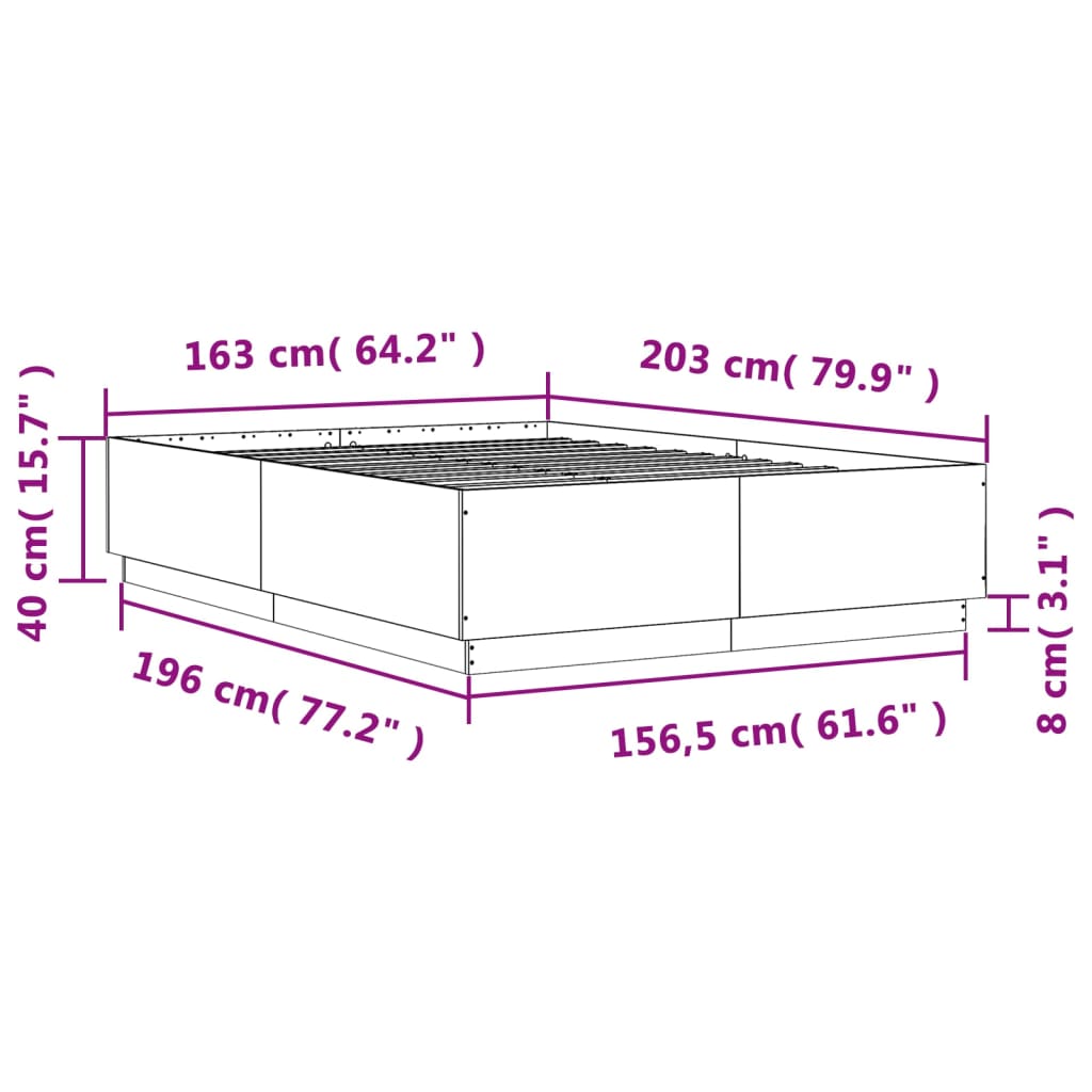 vidaXL sonoma tölgy színű szerelt fa ágykeret LED-del 160 x 200 cm