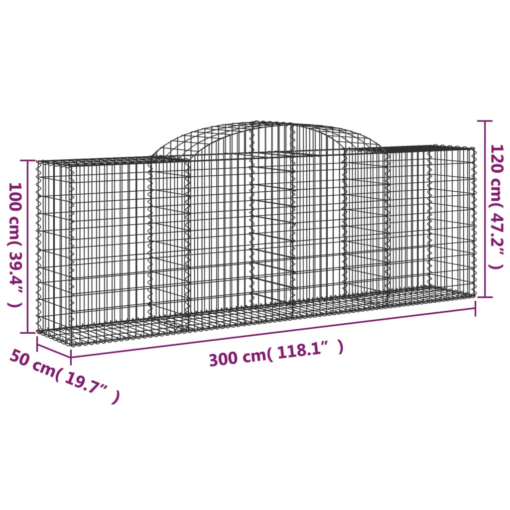 vidaXL 4 db íves horganyzott vas gabion kosár 300 x 50 x 100/120 cm