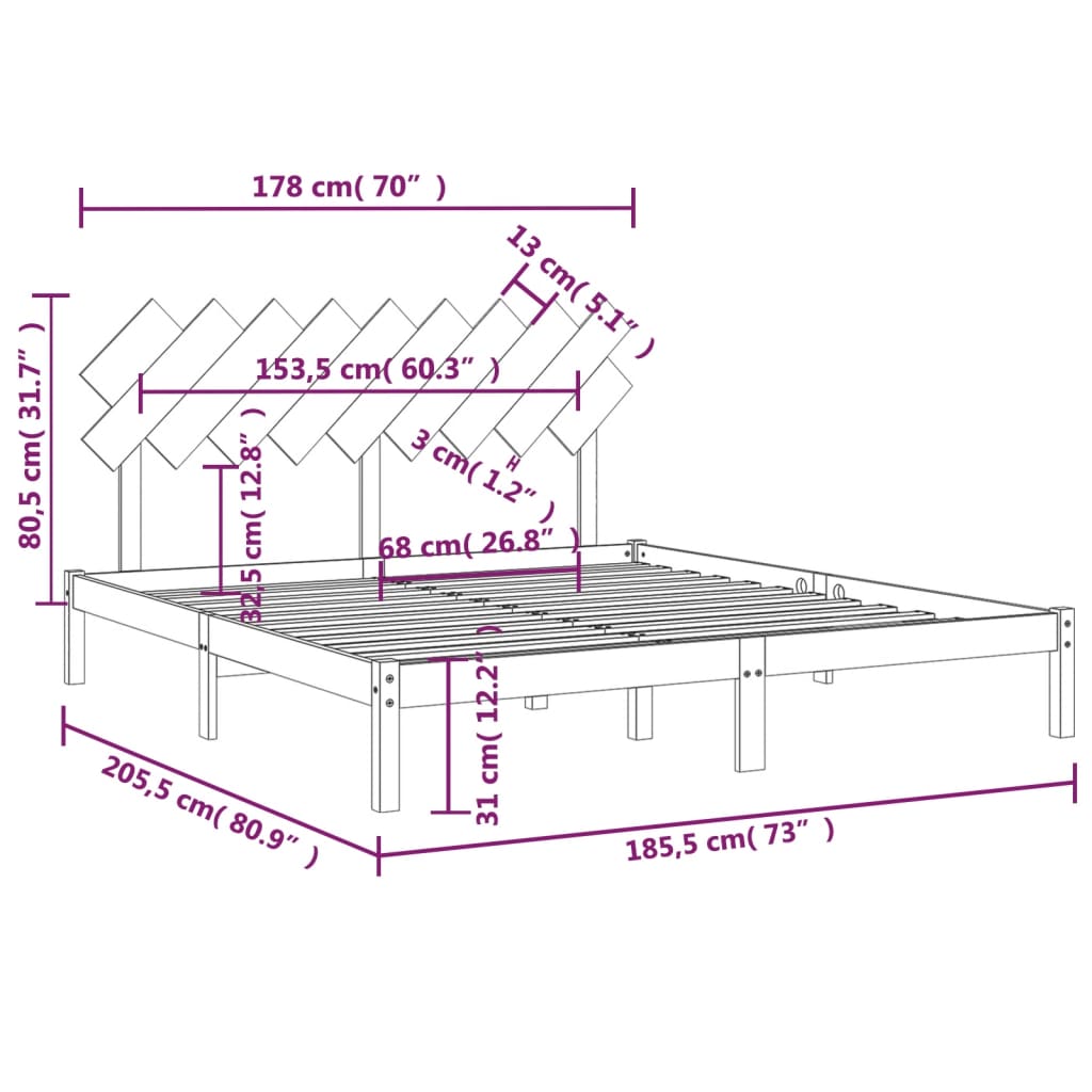 vidaXL fekete tömör fa ágykeret 180 x 200 cm (Super King)