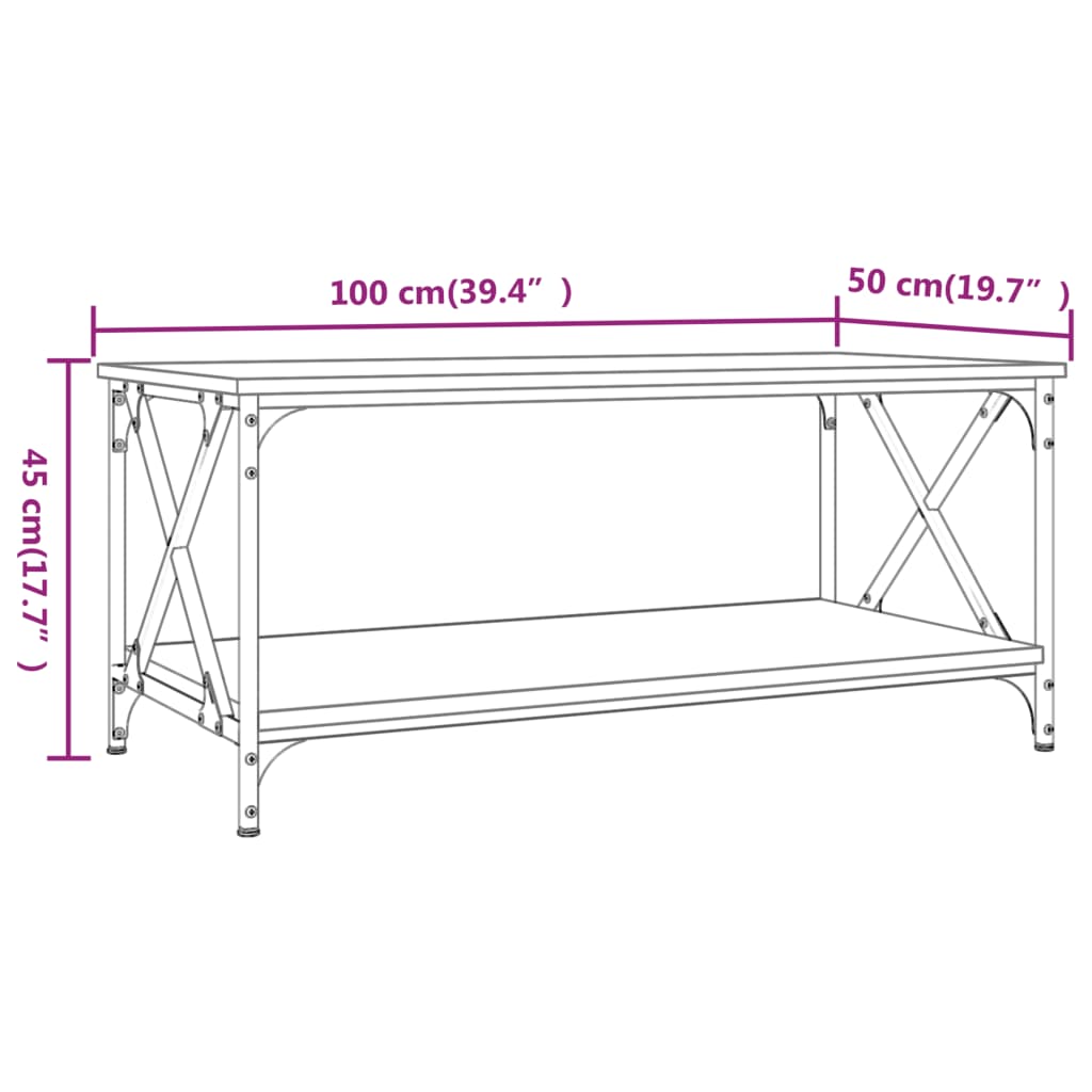 vidaXL füstös tölgy szerelt fa és vas dohányzóasztal 100 x 50 x 45 cm