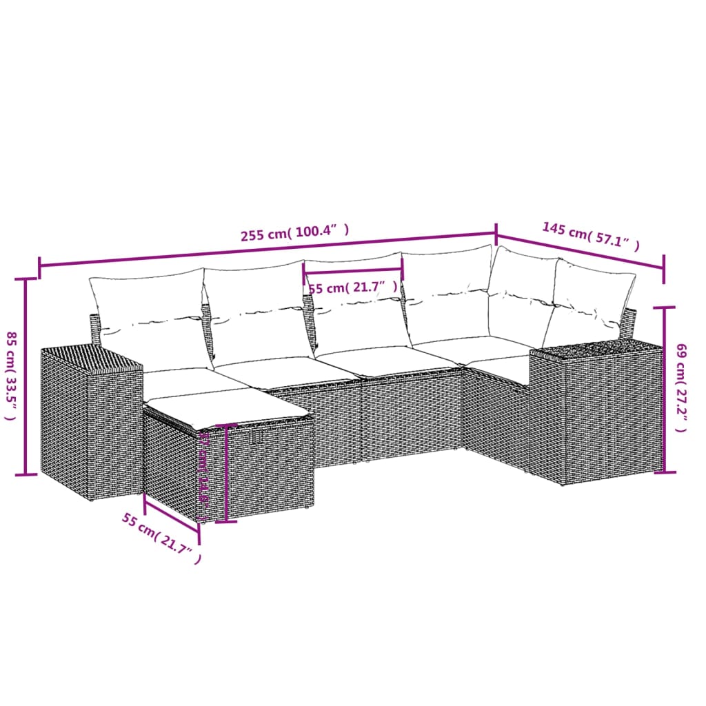 vidaXL 6 részes bézs polyrattan kerti ülőgarnitúra párnával