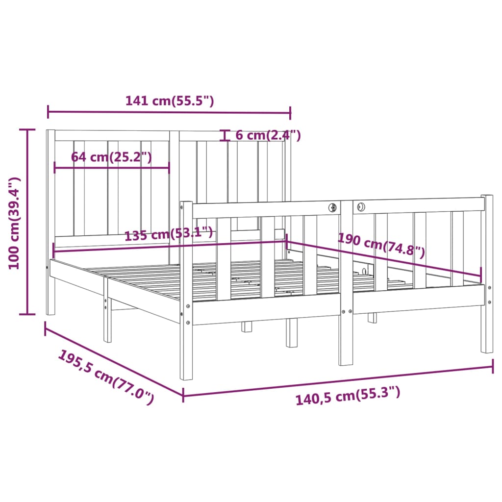 vidaXL Double fekete tömör fa ágykeret 135 x 190 cm