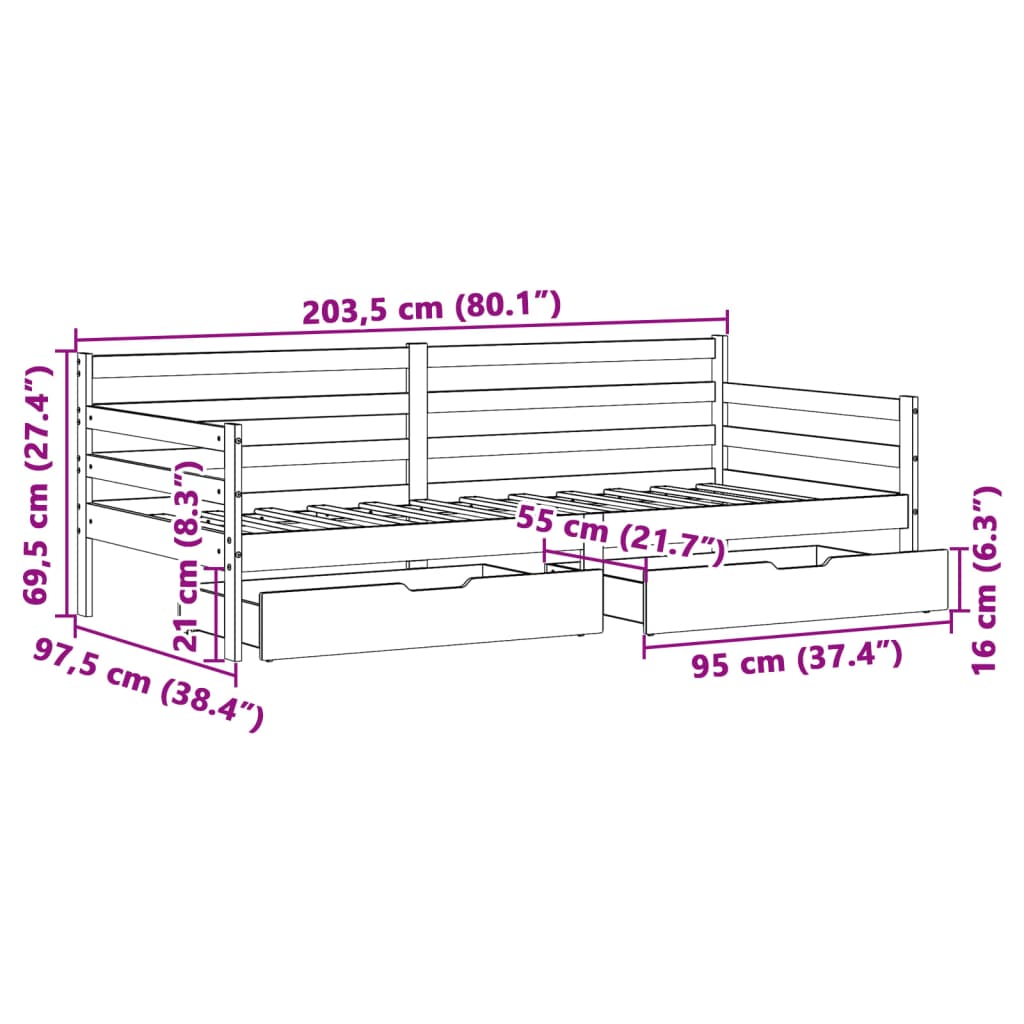 vidaXL tömör fenyőfa kanapéágy fiókkal 90 x 200 cm