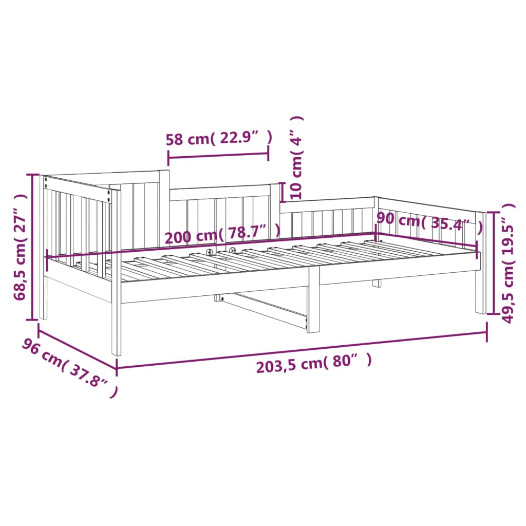 vidaXL fekete tömör fenyőfa kanapéágy 90 x 200 cm