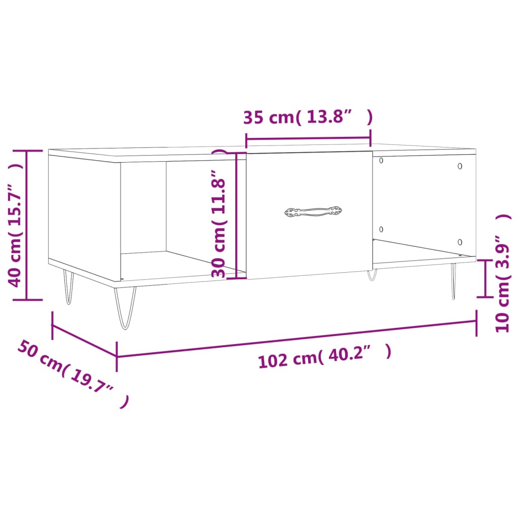 vidaXL füstös tölgy színű szerelt fa dohányzóasztal 102 x 50 x 40 cm