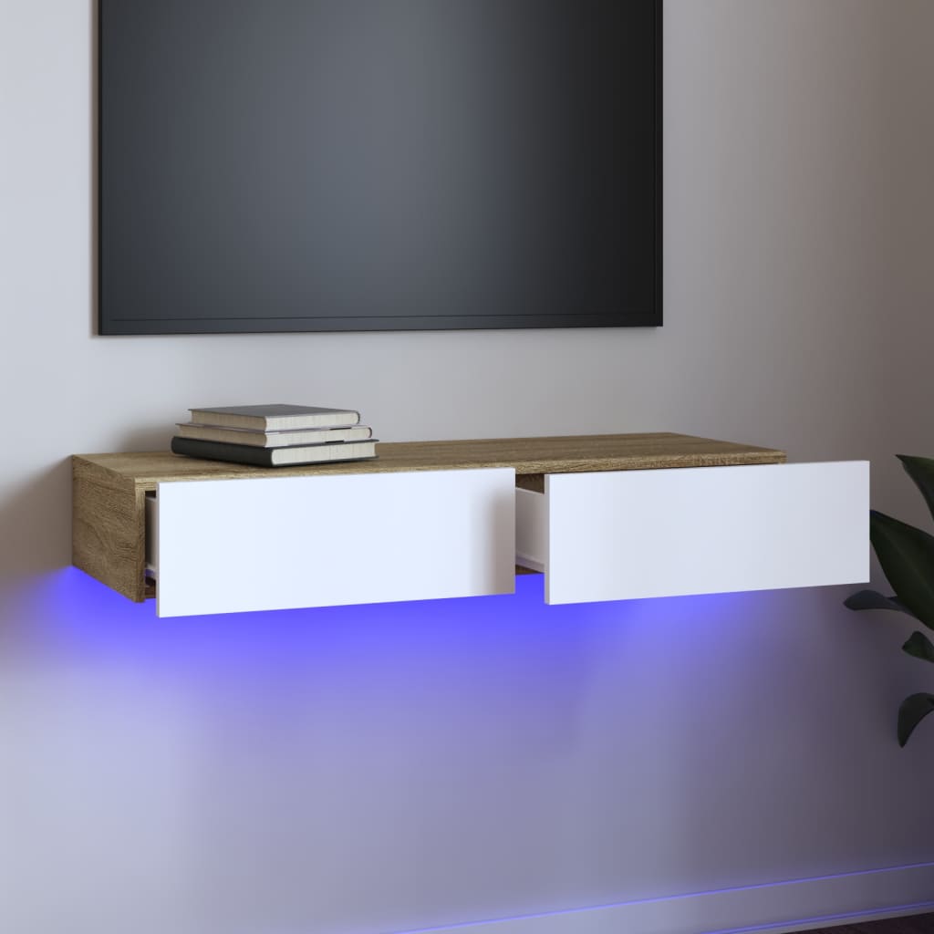 vidaXL fehér és sonoma-színű TV-szekrény LED-lámpákkal 90x35x15,5 cm