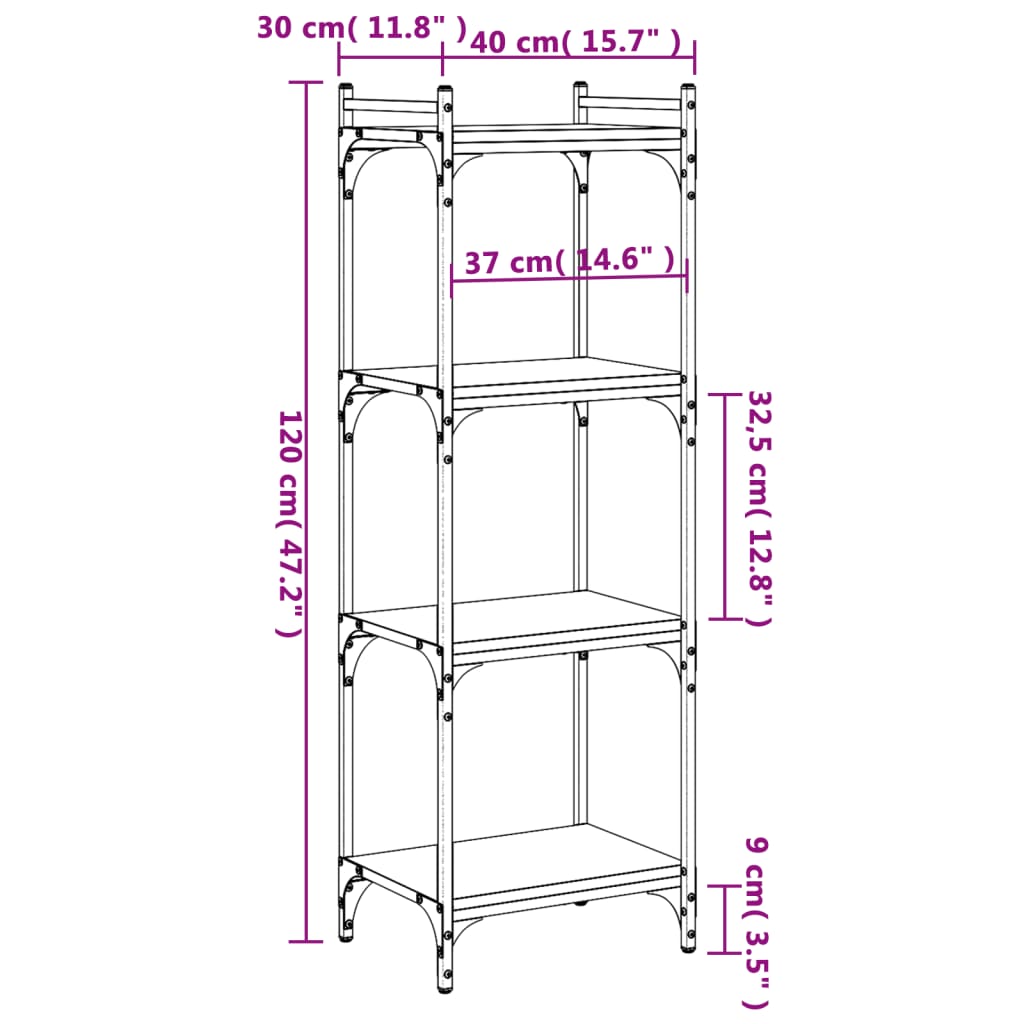 vidaXL 4 szintes szürke sonoma szerelt fa könyvespolc 40 x 30 x 120 cm