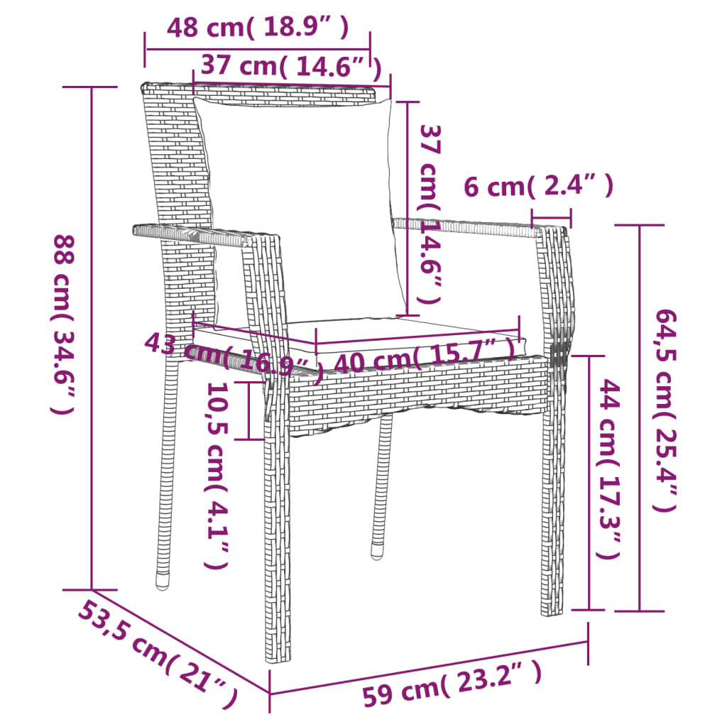 vidaXL 4 db fekete polyrattan kerti szék párnával