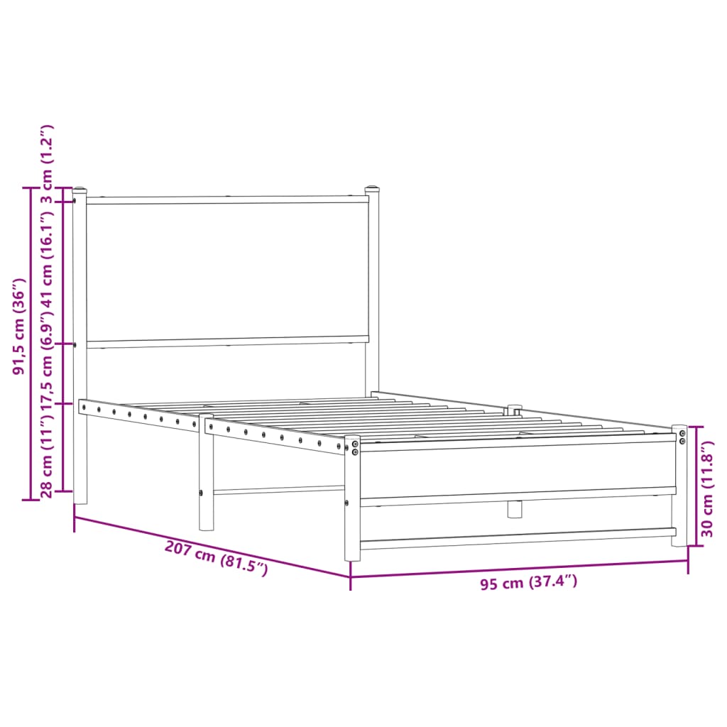 vidaXL barna tölgy színű fém ágykeret fejtámlával 90 x 200 cm