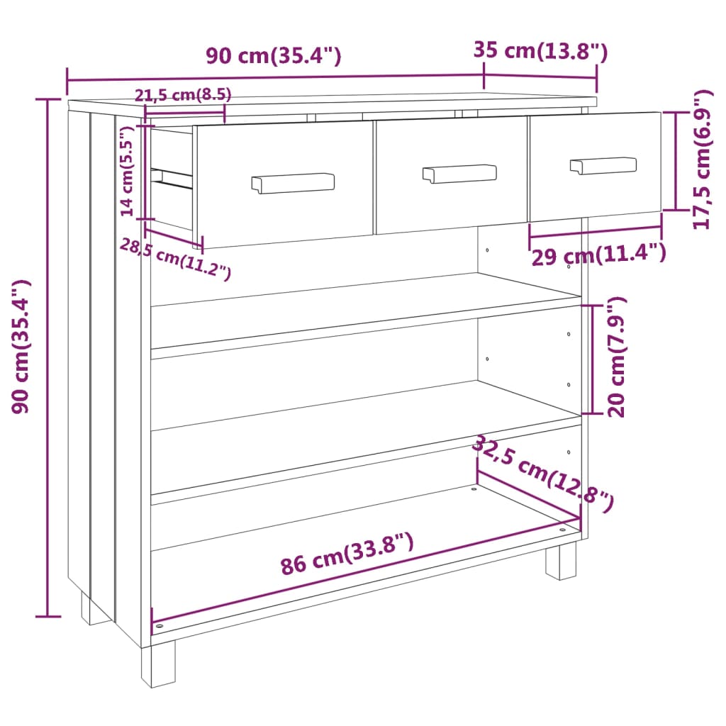 vidaXL HAMAR világosszürke tömör fenyőfa tálalóasztal 90 x 35 x 90 cm