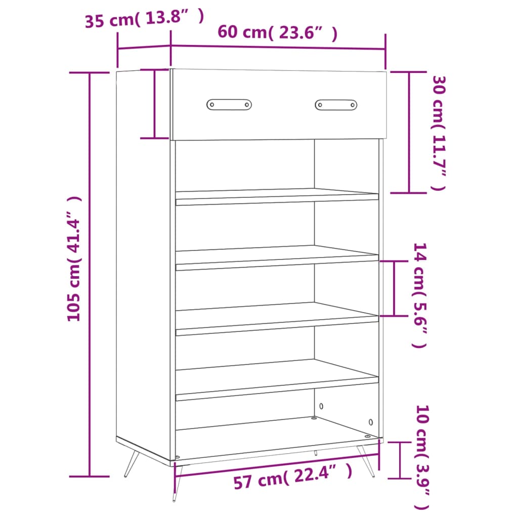 vidaXL magasfényű fehér szerelt fa cipőszekrény 60 x 35 x 105 cm