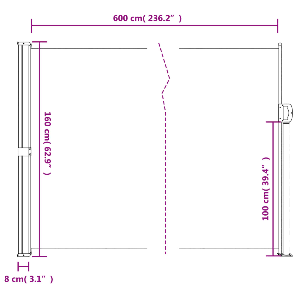 vidaXL piros behúzható oldalsó napellenző 160 x 600 cm