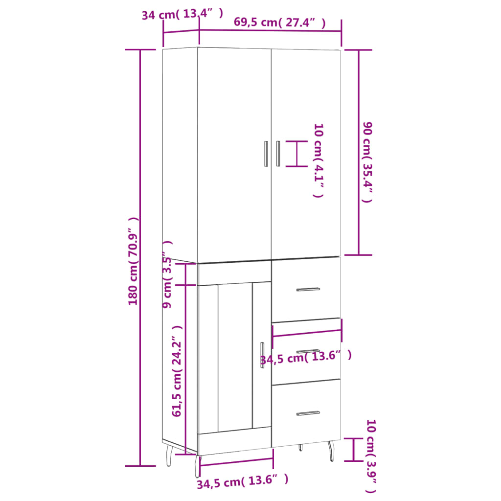 vidaXL füstös tölgy színű szerelt fa magasszekrény 69,5 x 34 x 180 cm