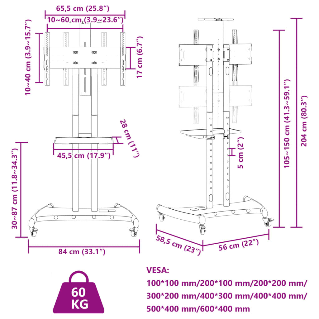 vidaXL görgős TV-állvány 32"-70" képernyőhöz max VESA 600x400 mm 60 kg