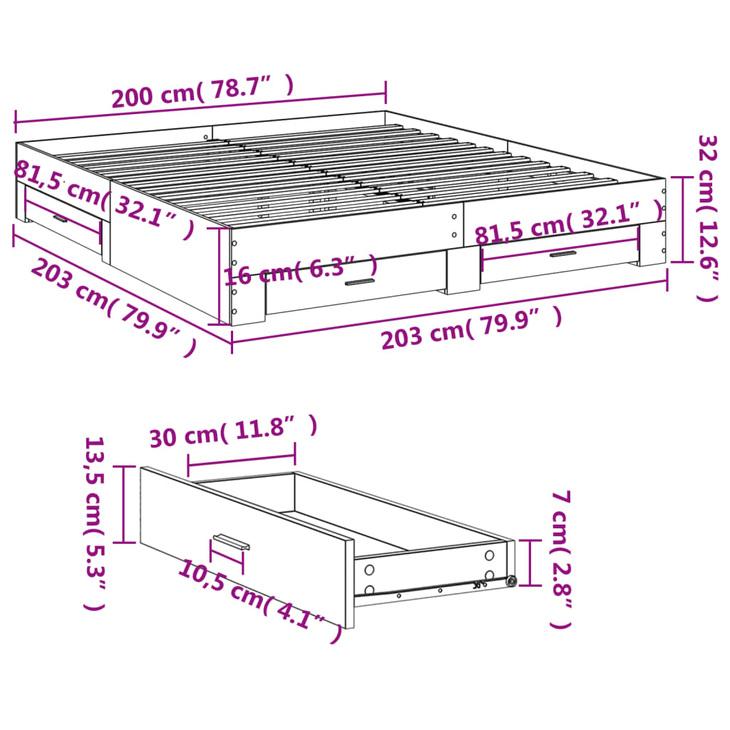 vidaXL füstös tölgy színű szerelt fa ágykeret fiókokkal 200 x 200 cm