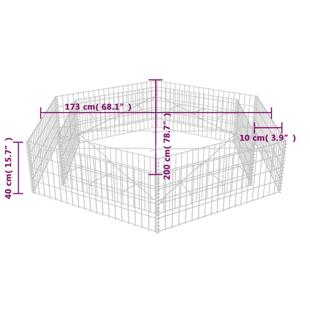 vidaXL hatszögletű gabion magaságyás 200 x 173 x 40 cm