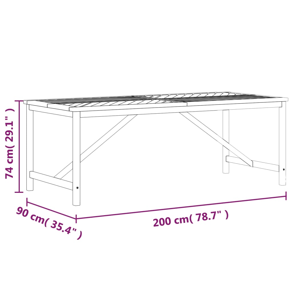 vidaXL tömör akácfa kerti étkezőasztal 200 x 90 x 74 cm