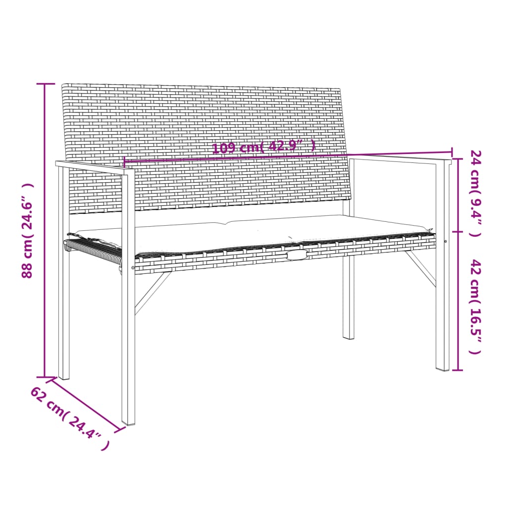 vidaXL 2-személyes szürke polyrattan kerti pad párnával