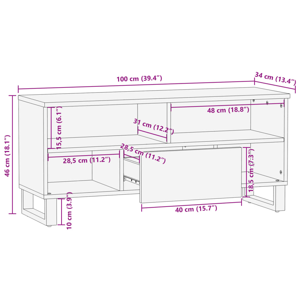 vidaXL barna tömör mangófa TV-szekrény 100 x 34 x 46 cm