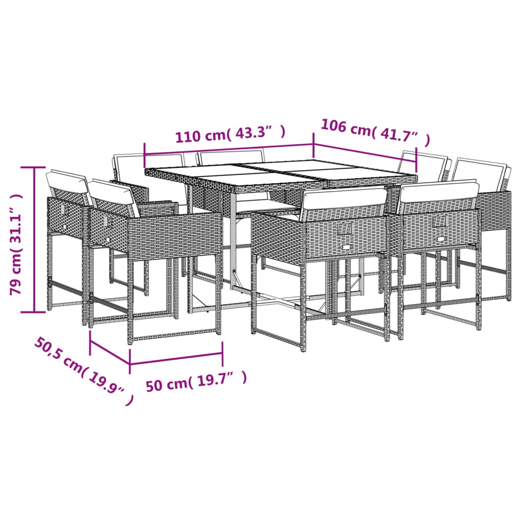 vidaXL 9részes világosszürke polyrattan kerti étkezőgarnitúra párnával