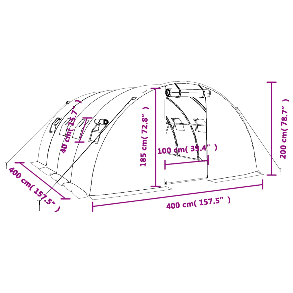 vidaXL fehér acélvázas melegház 16 m² 4 x 4 x 2 m