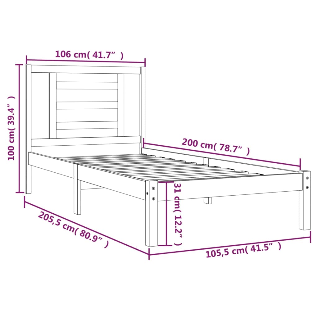 vidaXL fekete tömör fenyőfa ágykeret 100 x 200 cm