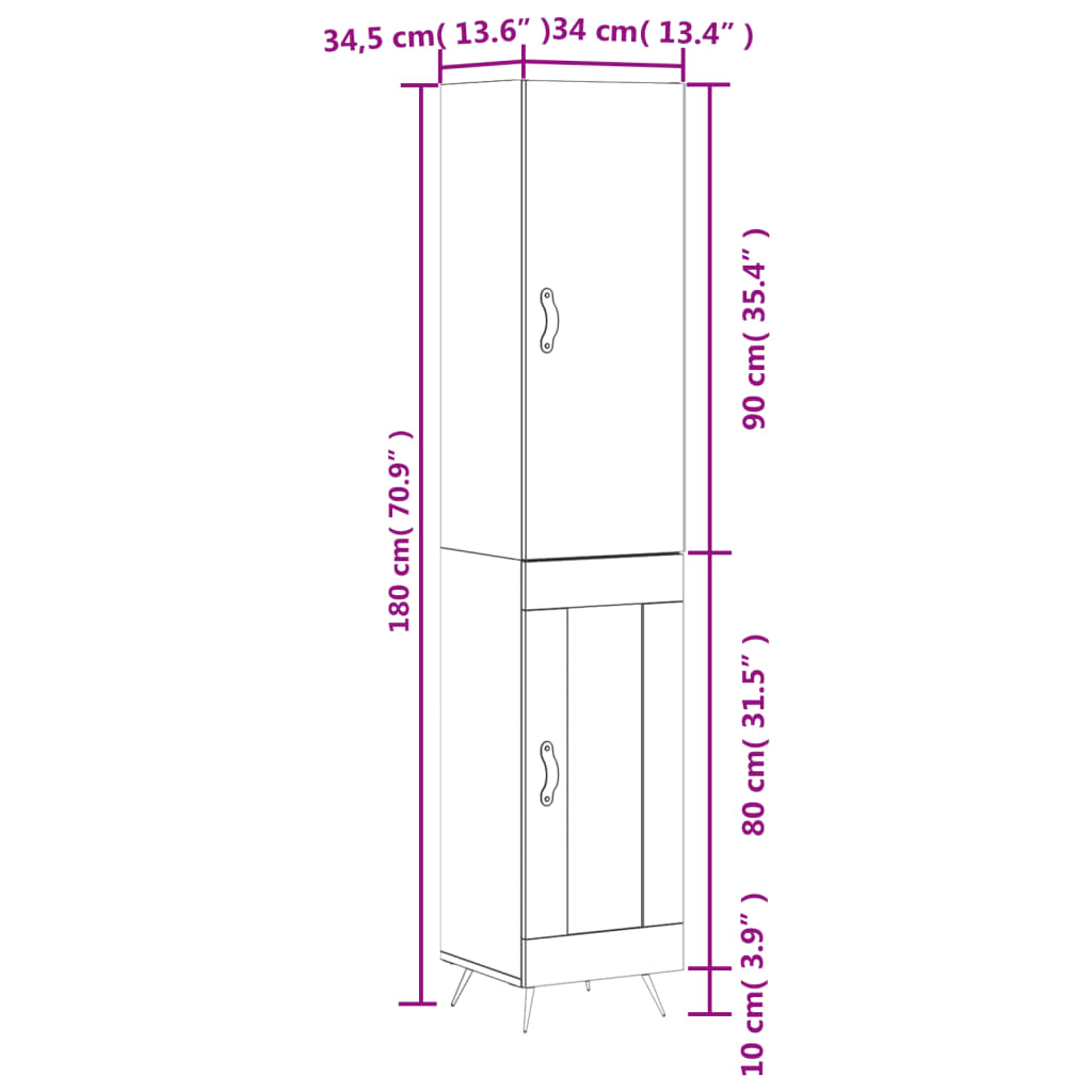 vidaXL magasfényű fehér szerelt fa magasszekrény 34,5 x 34 x 180 cm