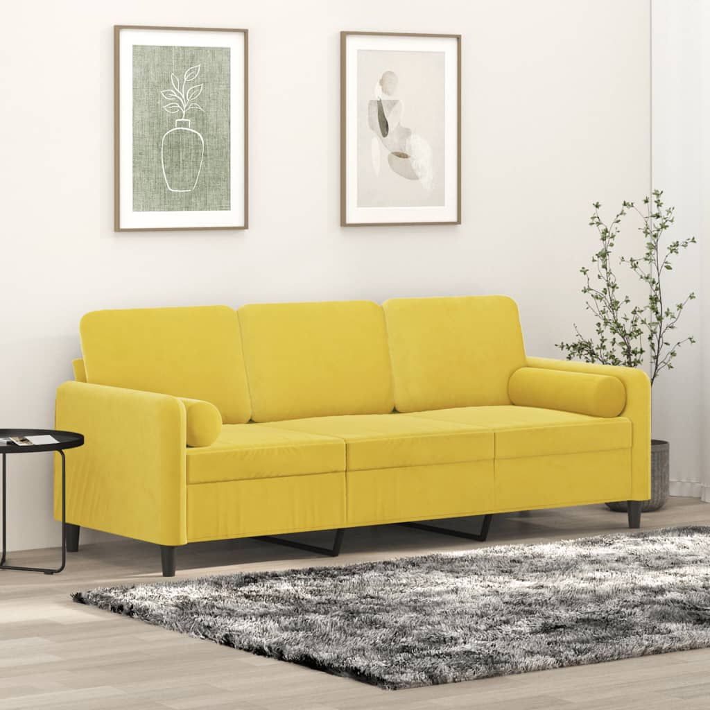 vidaXL 3 személyes sárga bársony kanapé díszpárnákkal 180 cm