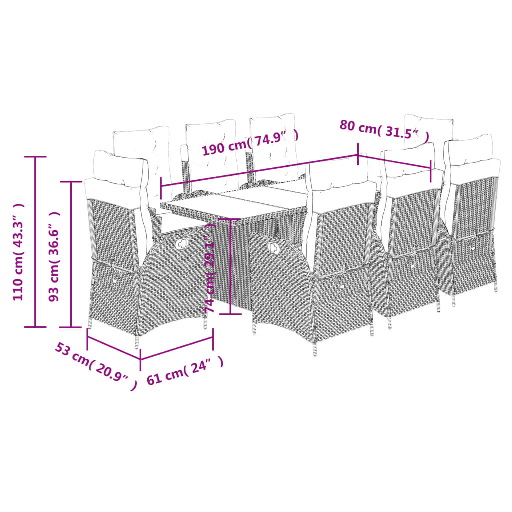 vidaXL 9 részes szürke polyrattan kerti étkezőgarnitúra párnával