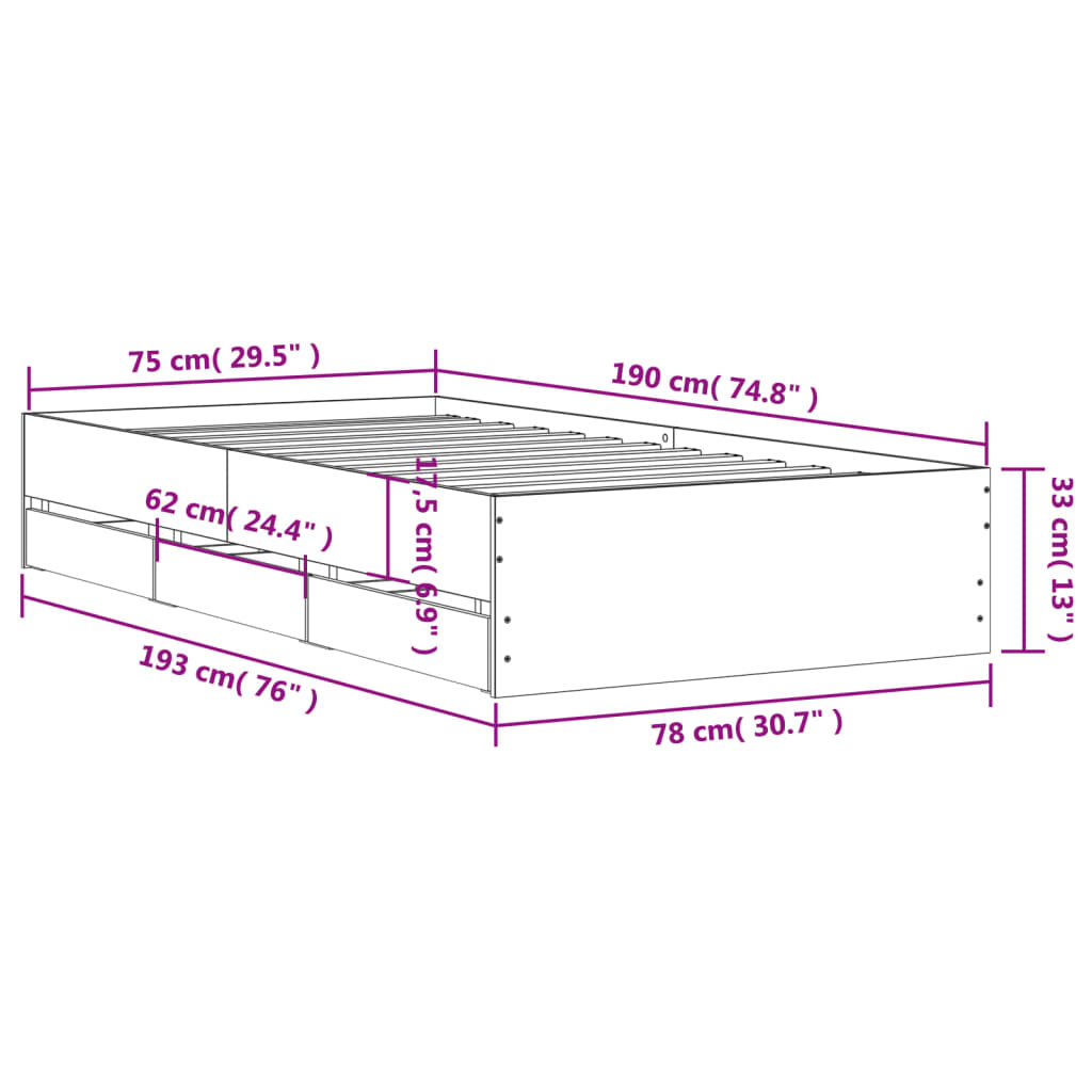 vidaXL füstös tölgy színű szerelt fa ágykeret fiókokkal 75x190 cm